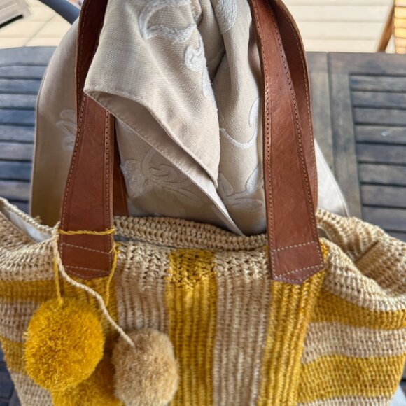 Mar y Sol "Havana" Stripe Tote Natural Crocheted Raffia Pool Beach Beautiful - Picture 3 of 6